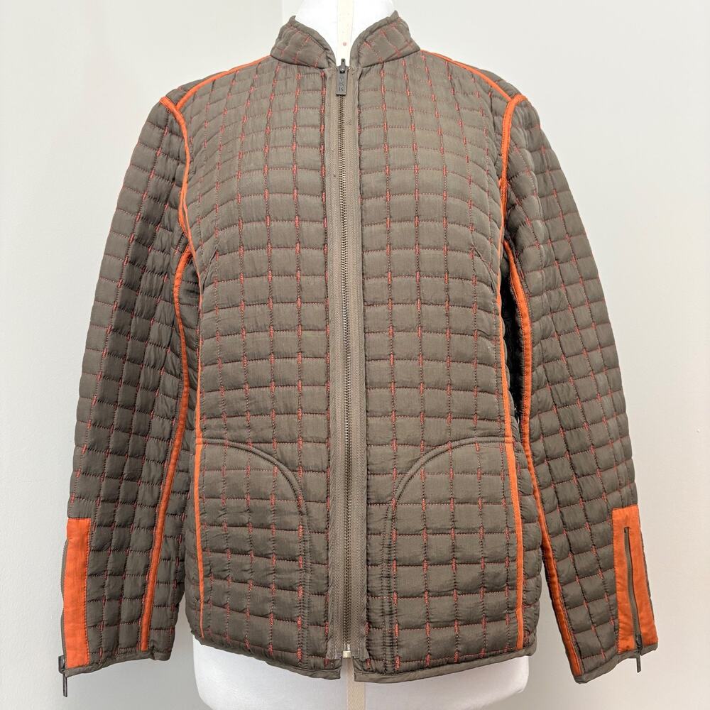 Oleg Cassini Reversible Quilted Silk Jacket Olive Green Burnt Orange Medium